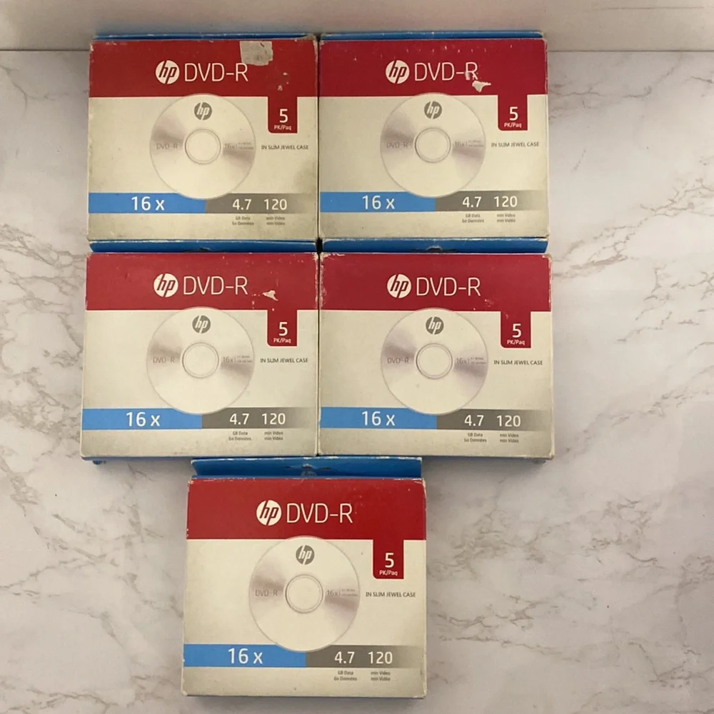 HP DVD-R 5 pk set if 5 boxes 16x 4.7 GB 120 min disks